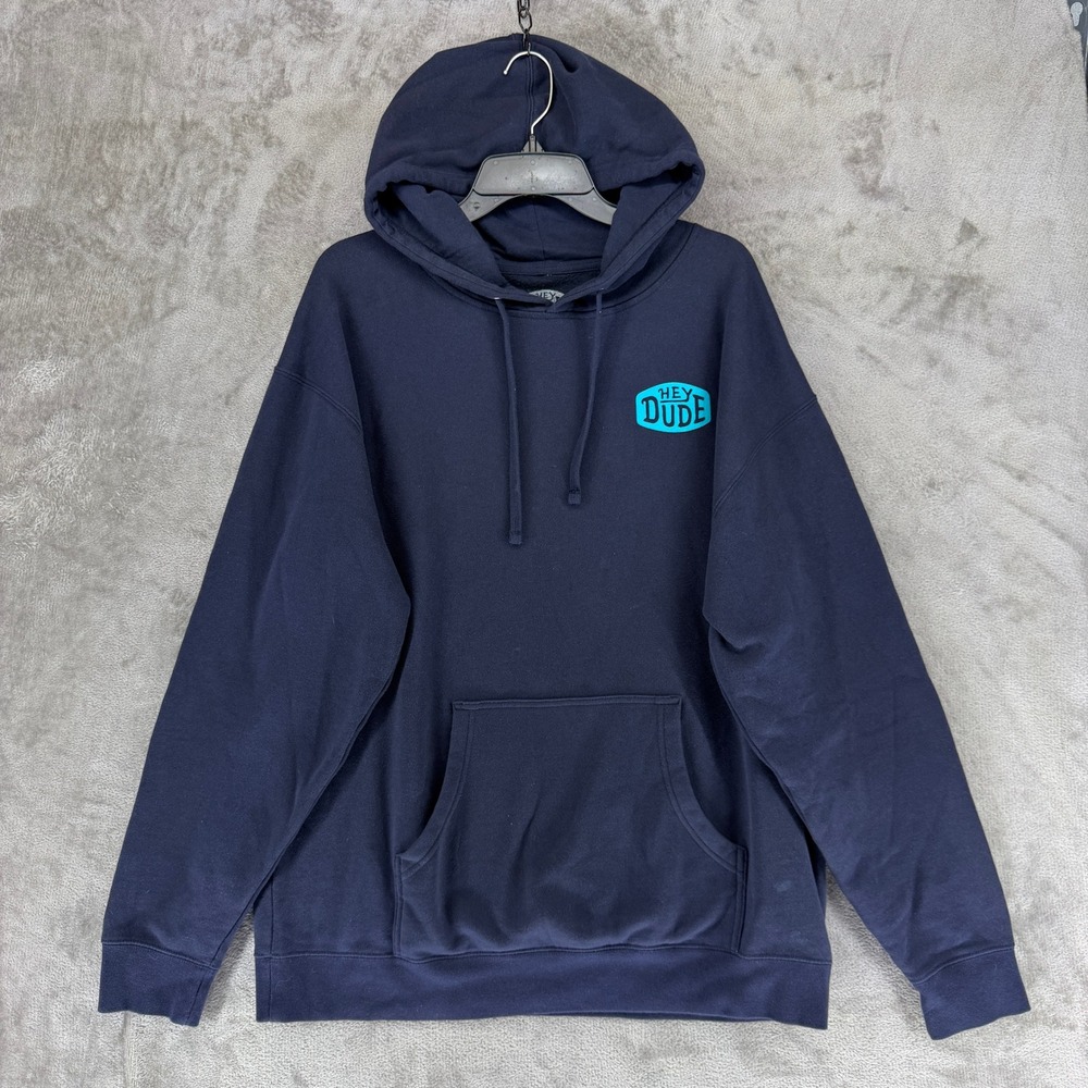 Hey Dude Mens XL Navy Blue Rainbow Trout Graphic Pullover Hoodie Sweatshirt